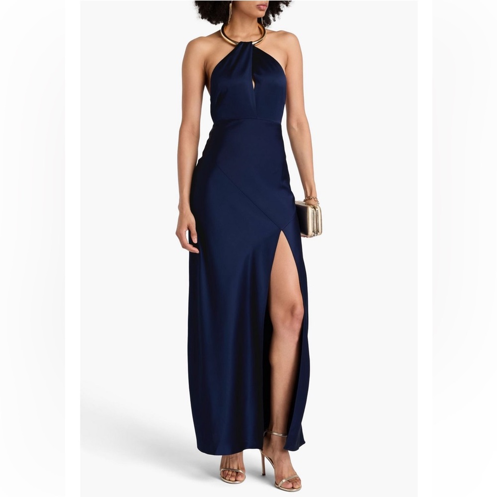 NICHOLAS Edyth Navy Keyhole Maxi Satin Maxi Dress Gown  US4 AU8